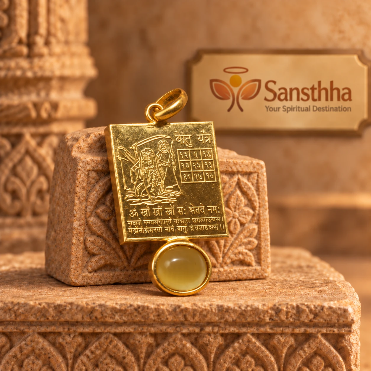 Angled view of square Ketu Yantra pendant leaning on carved stone block with loop bail visible