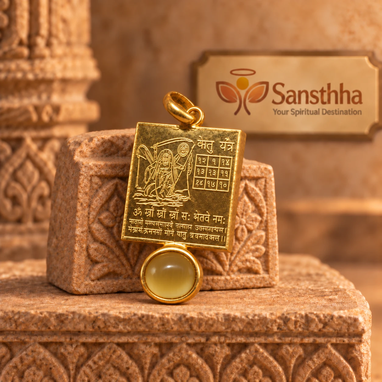 Closer angled shot highlighting engraved Sanskrit text grid and glossy round yellow base accent