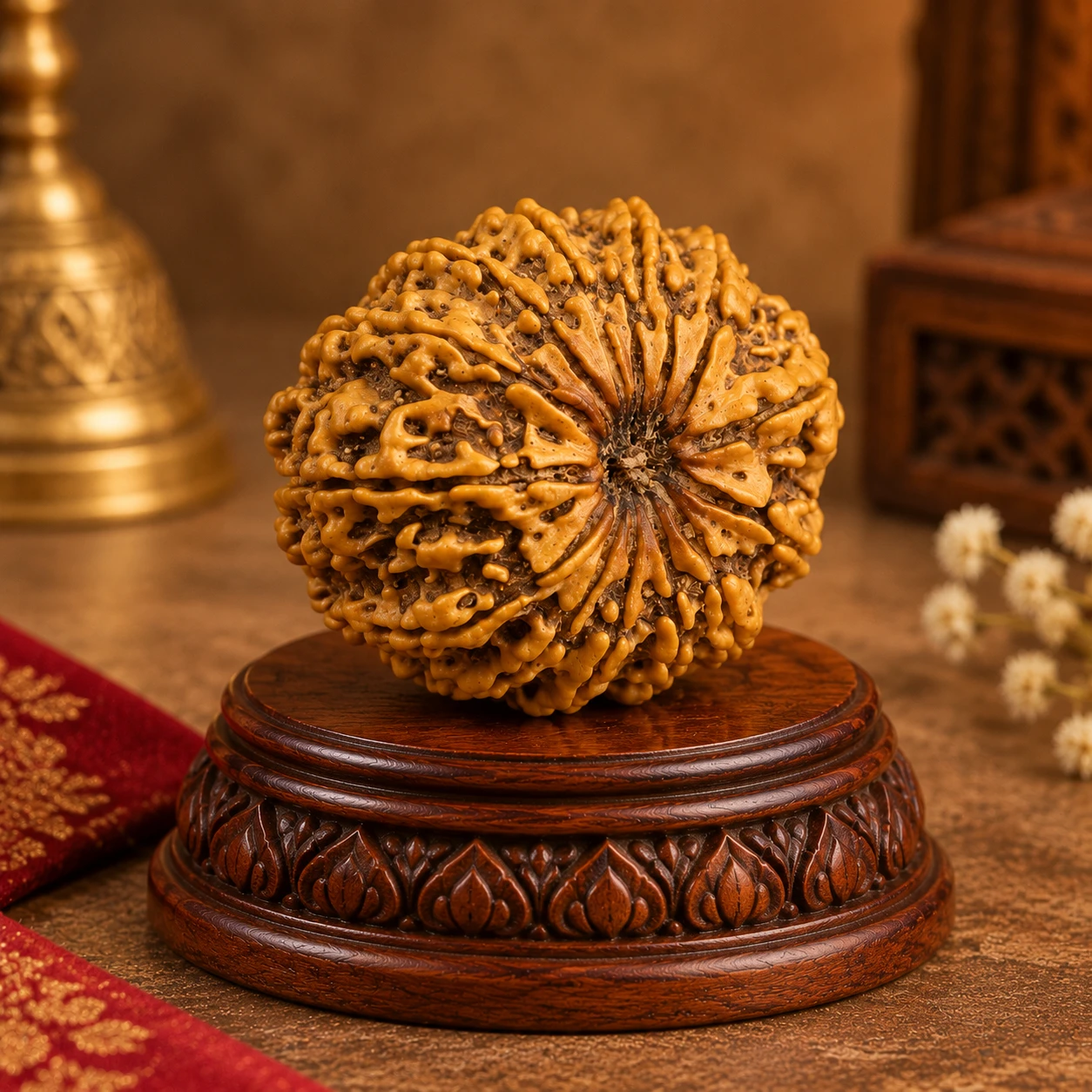 Rudraksha bead displayed on a carved wooden pedestal with warm devotional decor in background