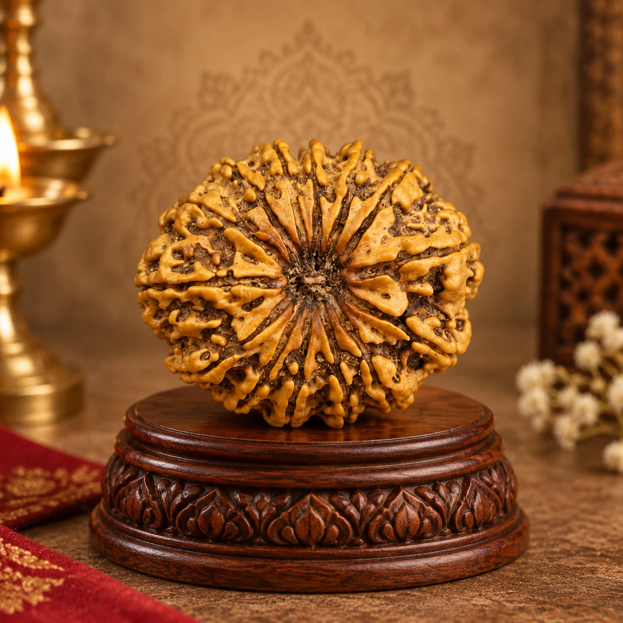 Front view of the large ridged rudraksha bead on an ornate round wooden stand beside a lit diya