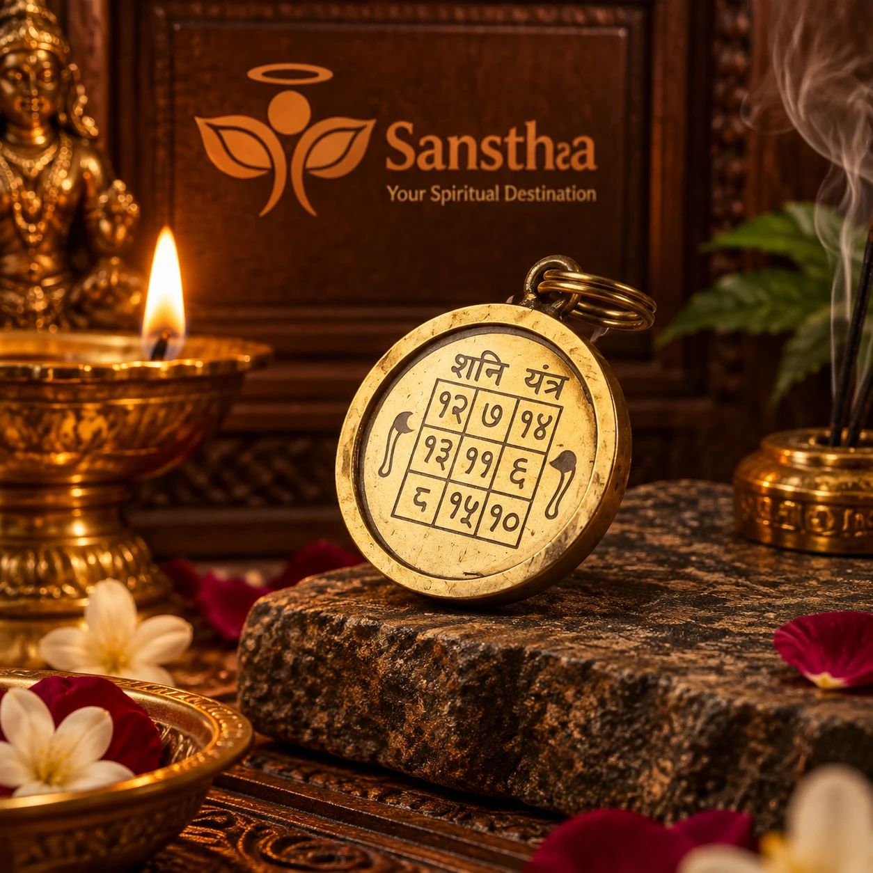 Front view of round brass pendant showing Shani Yantra engraving with attached top rings
