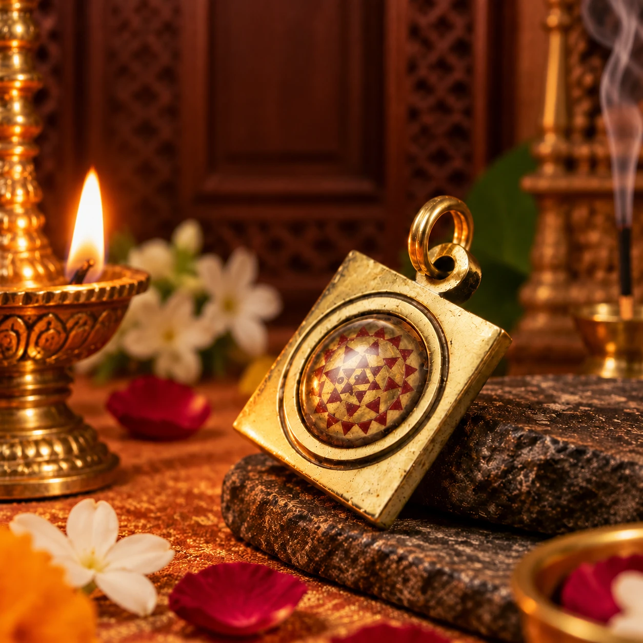 Close angled view of the Sri Yantra brass pendant on dark stones with incense smoke in the background