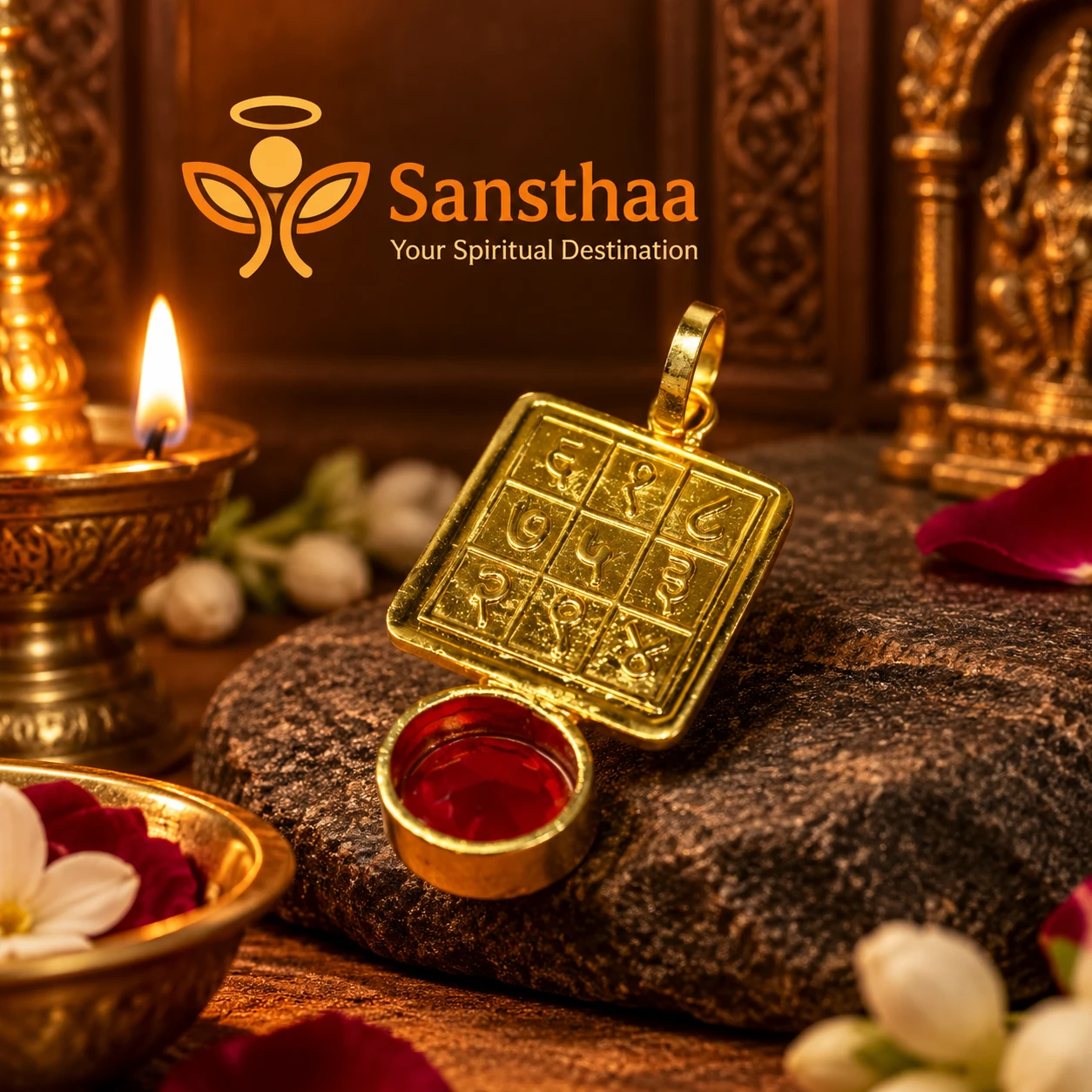 Back view of pendant with yantra-style grid engraving and open red stone compartment