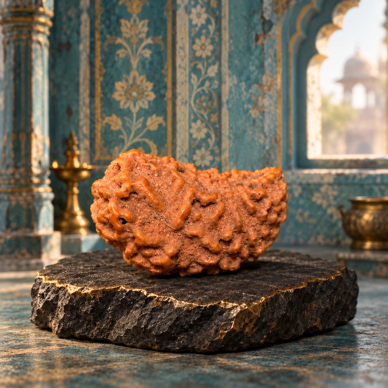 Close front view of the textured rudraksha bead on a black stone base against blue ornate decor