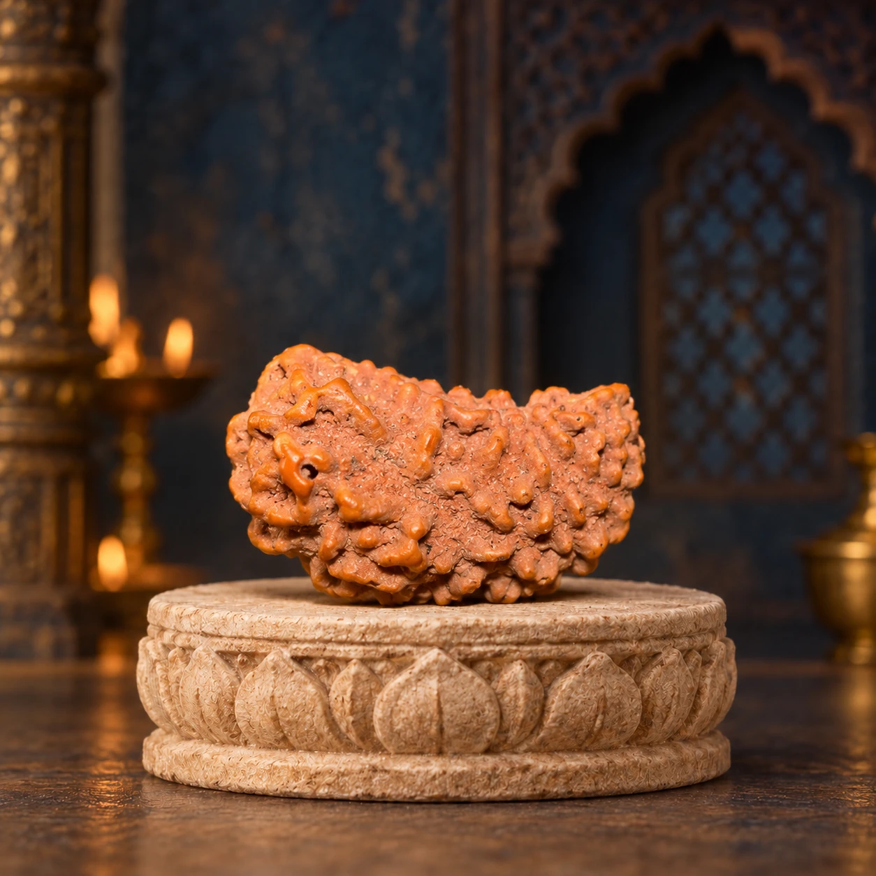 Rudraksha bead shown on a carved beige pedestal, highlighting its irregular natural contours