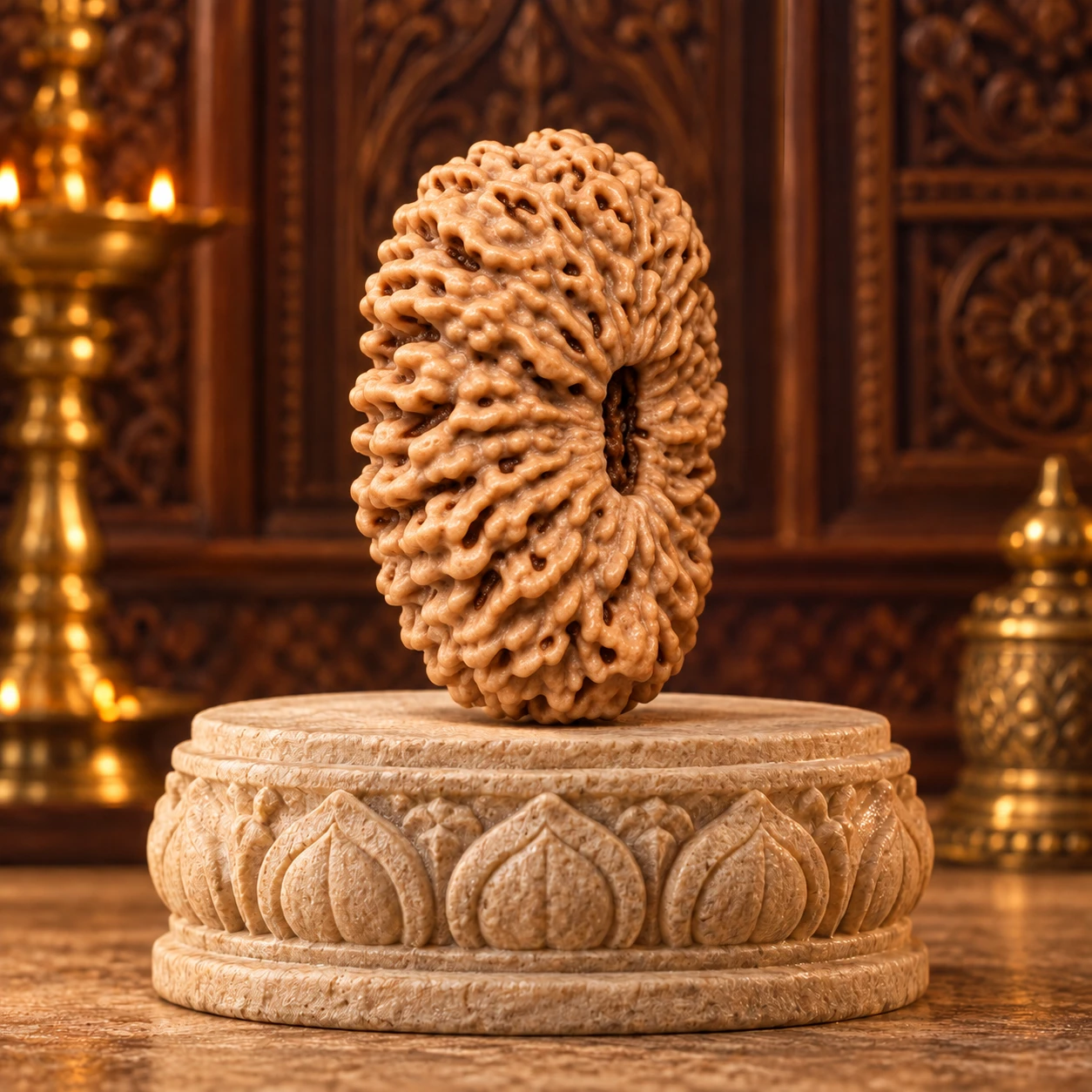 Three-quarter view of the textured rudraksha bead against a carved wooden backdrop