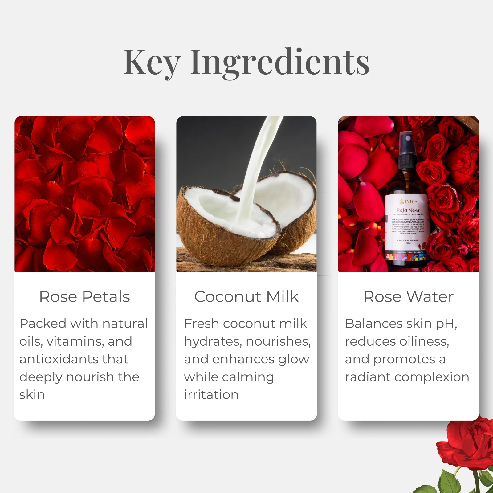 Key ingredients infographic showing rose petals, coconut milk, and rose water with skincare benefit text