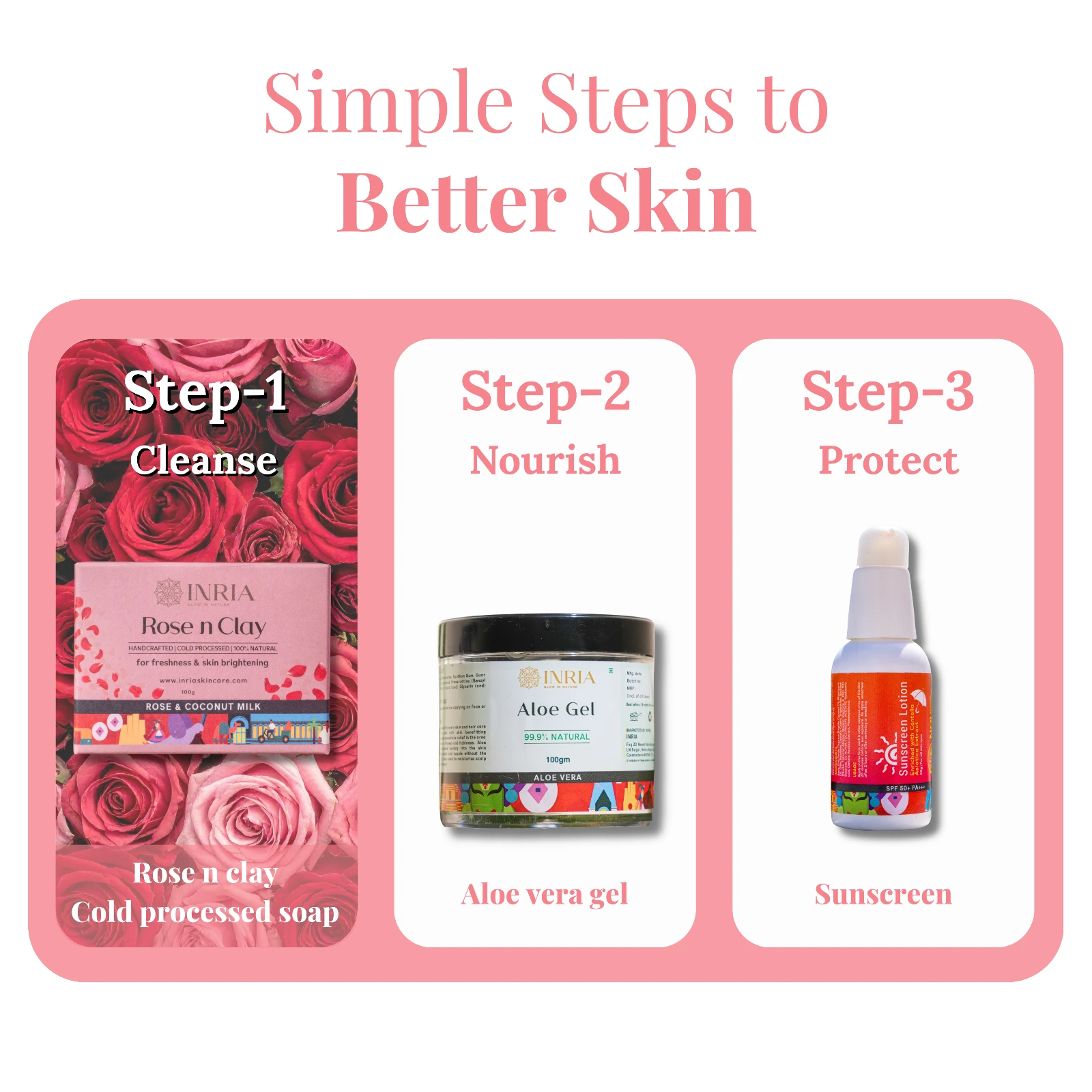Simple Steps to Better Skin infographic showing Rose n Clay soap as step 1, with aloe gel and sunscreen steps