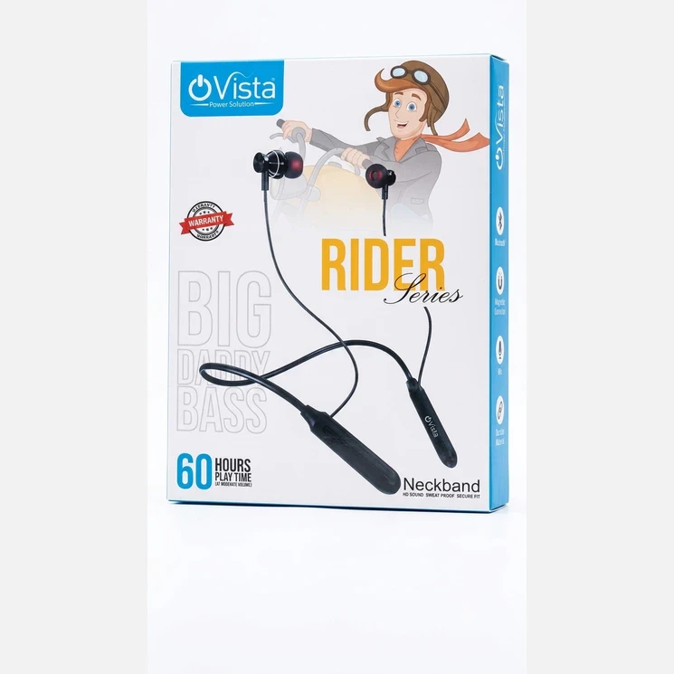 Retail box front showing the black neckband earphones with rider illustration and Big Daddy Bass branding