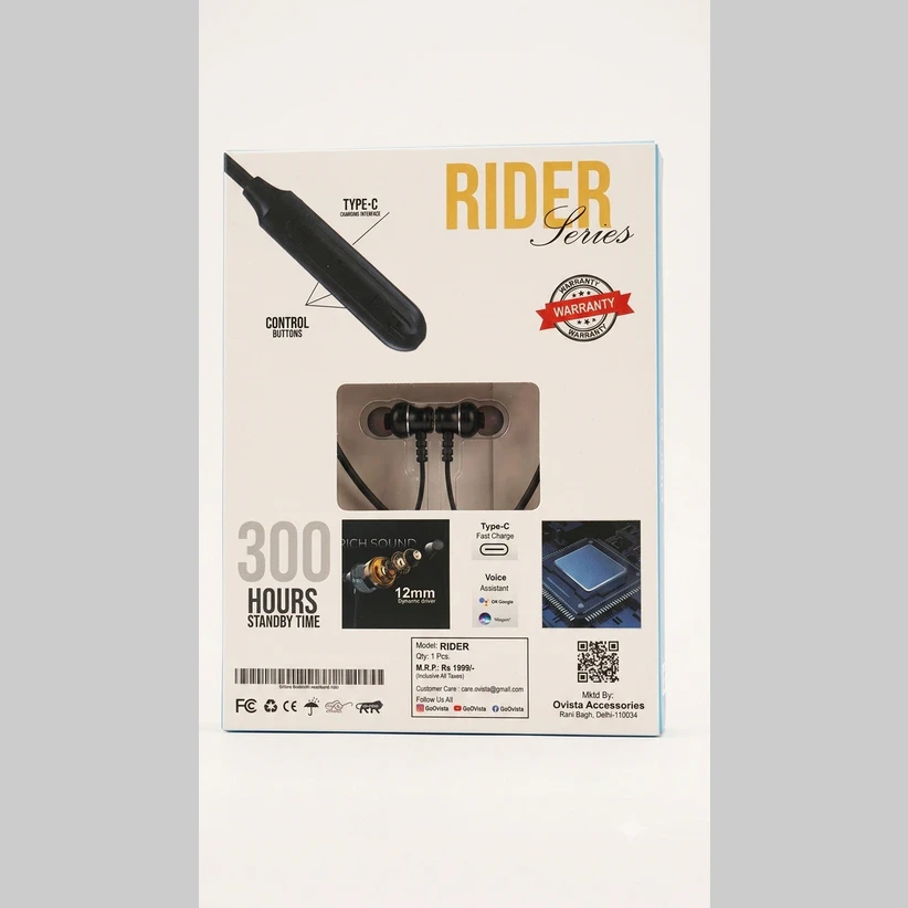 Back of the package with control button callout, Type-C charging, 300 hours standby, and 12mm driver details