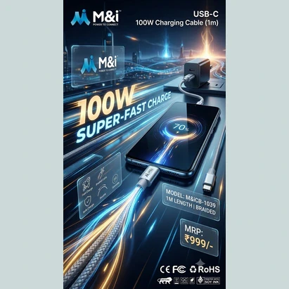 Front pack design showing M&I 100W USB-C charging cable with braided lead and fast-charge graphics