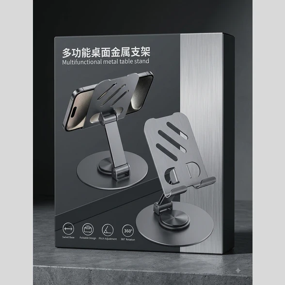 Retail box showing the metal table stand with feature icons for swivel base, foldable design and 360° rotation