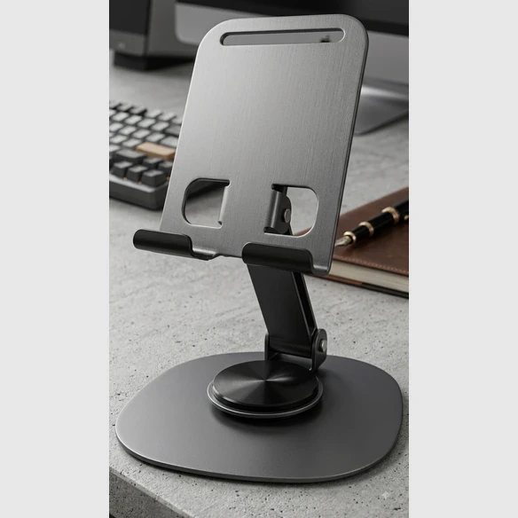 Close view of the empty brushed-metal stand with padded hooks, adjustable arm and wide round-corner base