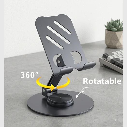 Front angled view of the stand with on-image 360° rotatable text and arrow highlighting the rotating base