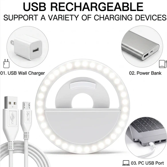 Front view of white USB rechargeable clip-on ring light with charging cable and charging source icons