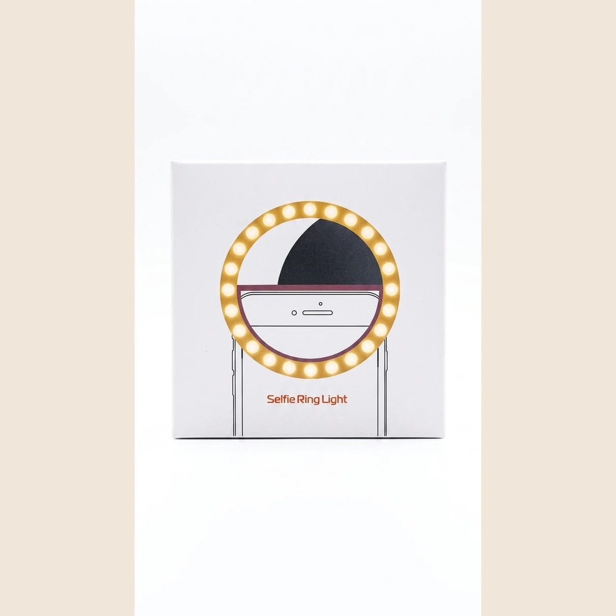 Retail box front showing ring light illustration and Selfie Ring Light text