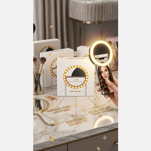 Ring light clipped to a smartphone in use on a vanity, with product boxes in the background