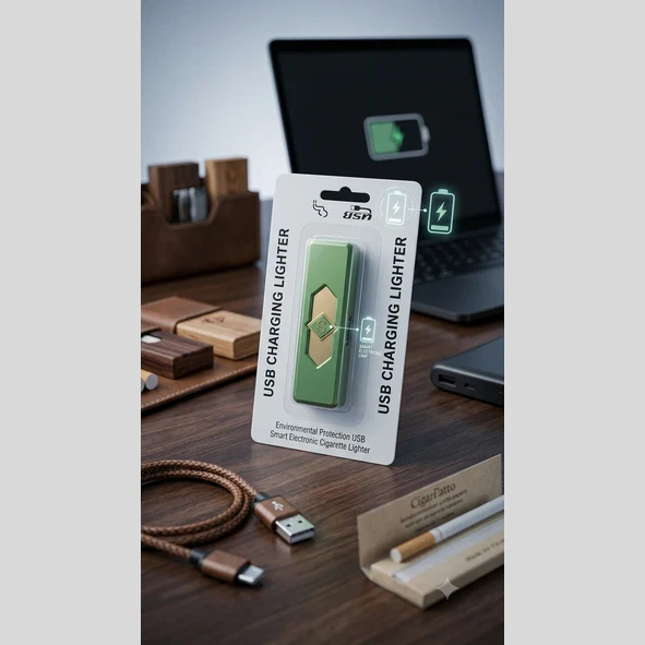 Green USB charging lighter in white blister card packaging standing on a wooden desk near a laptop