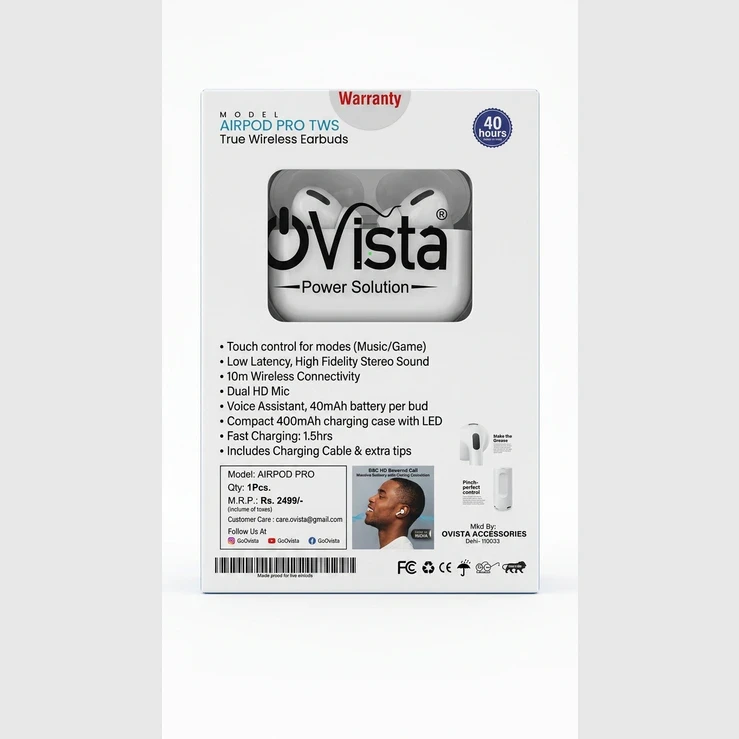Back of Ovista Airpod Pro TWS box with feature list, warranty text and earbuds visible through window