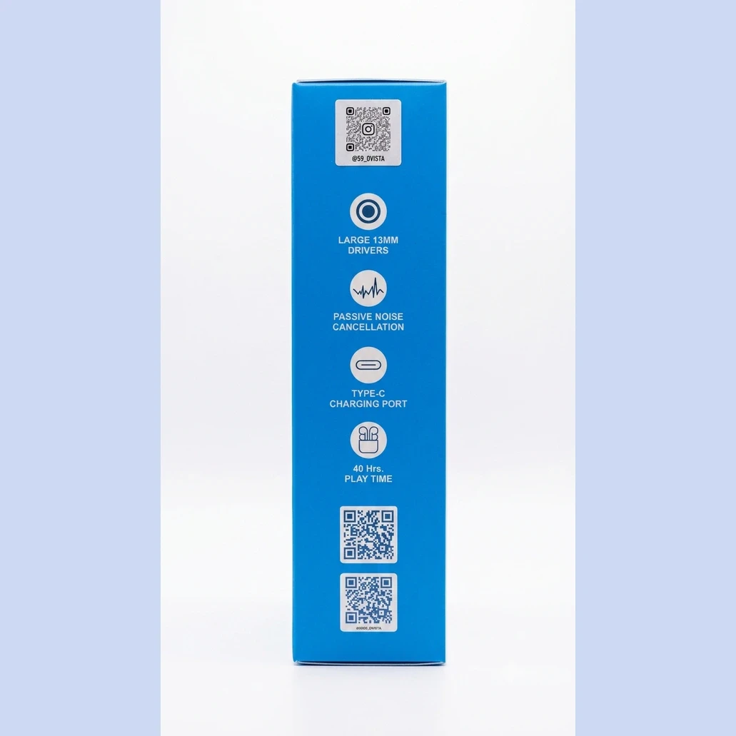 Blue side panel showing 13mm drivers, passive noise cancellation, Type-C port and 40-hour playtime icons
