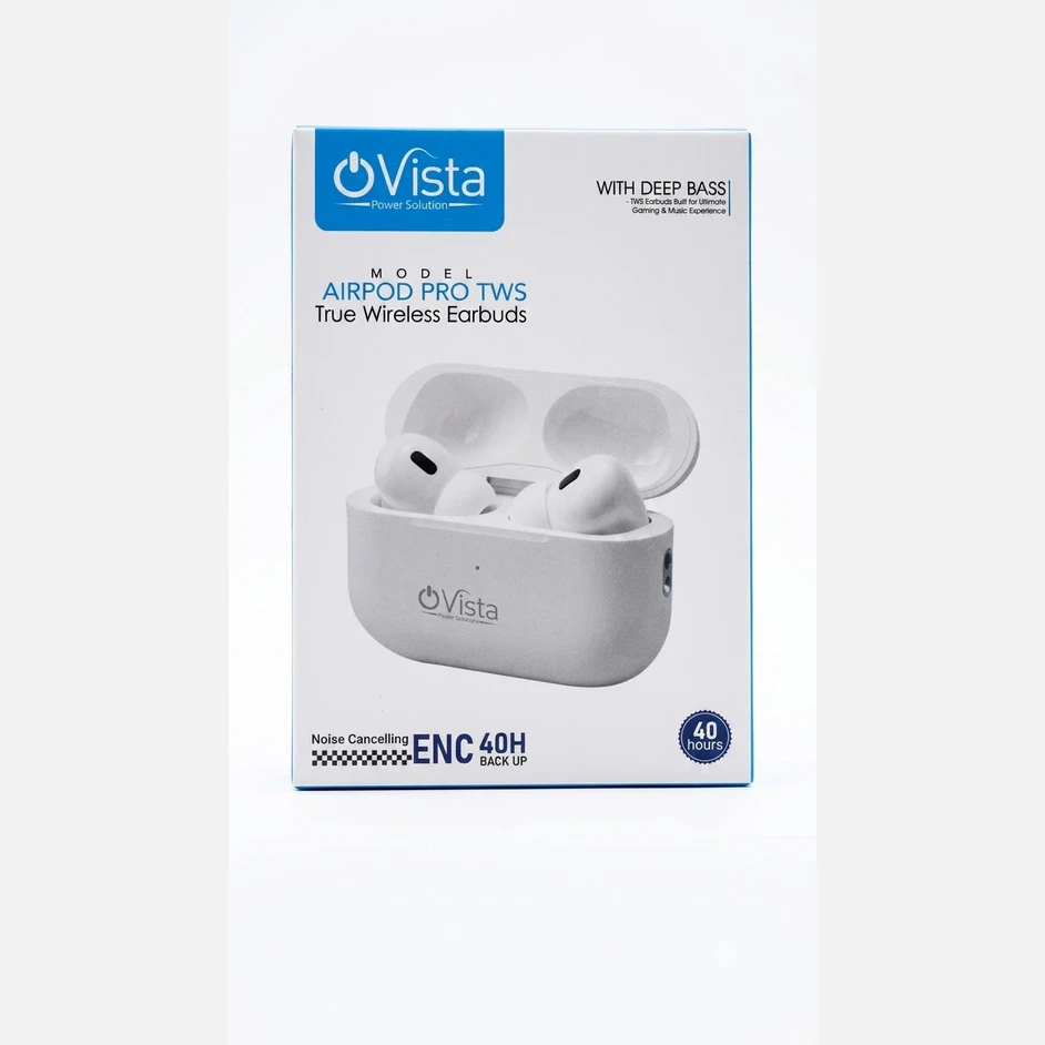 Front of OVista Airpod Pro TWS earbuds box showing white charging case and 40 hours backup badge