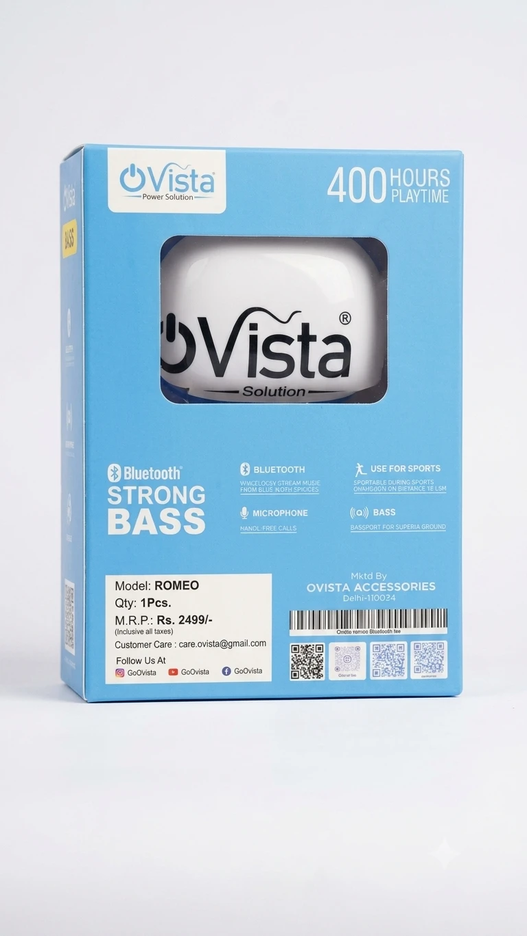 Blue Vista Romeo earbuds retail box front in gradient blue with strong bass and 400 hours playtime text