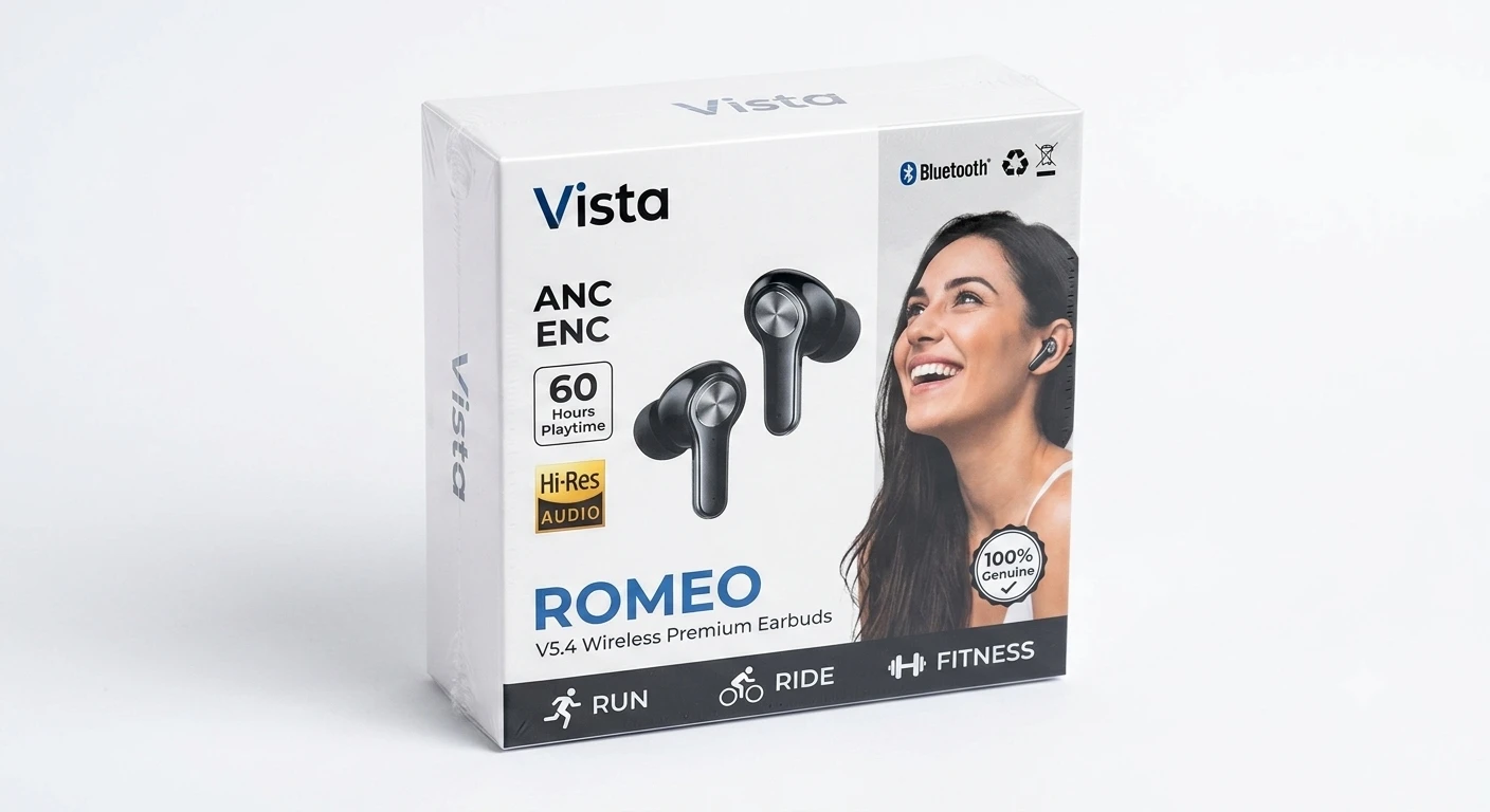 Front of Vista Romeo earbuds box showing ANC/ENC, 60 hours playtime and Hi-Res Audio badges