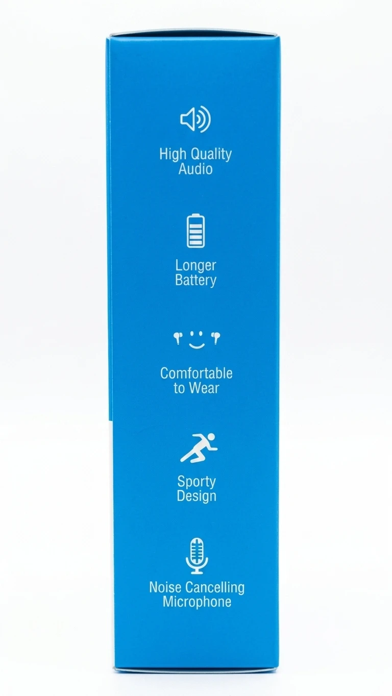 Side panel of the blue Vista Romeo box showing audio, battery, comfort, sporty design and mic icons