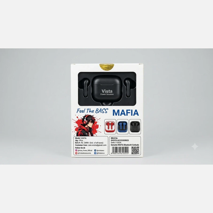 Front of Vista Mafia earbuds box with black case and earbuds visible through display window