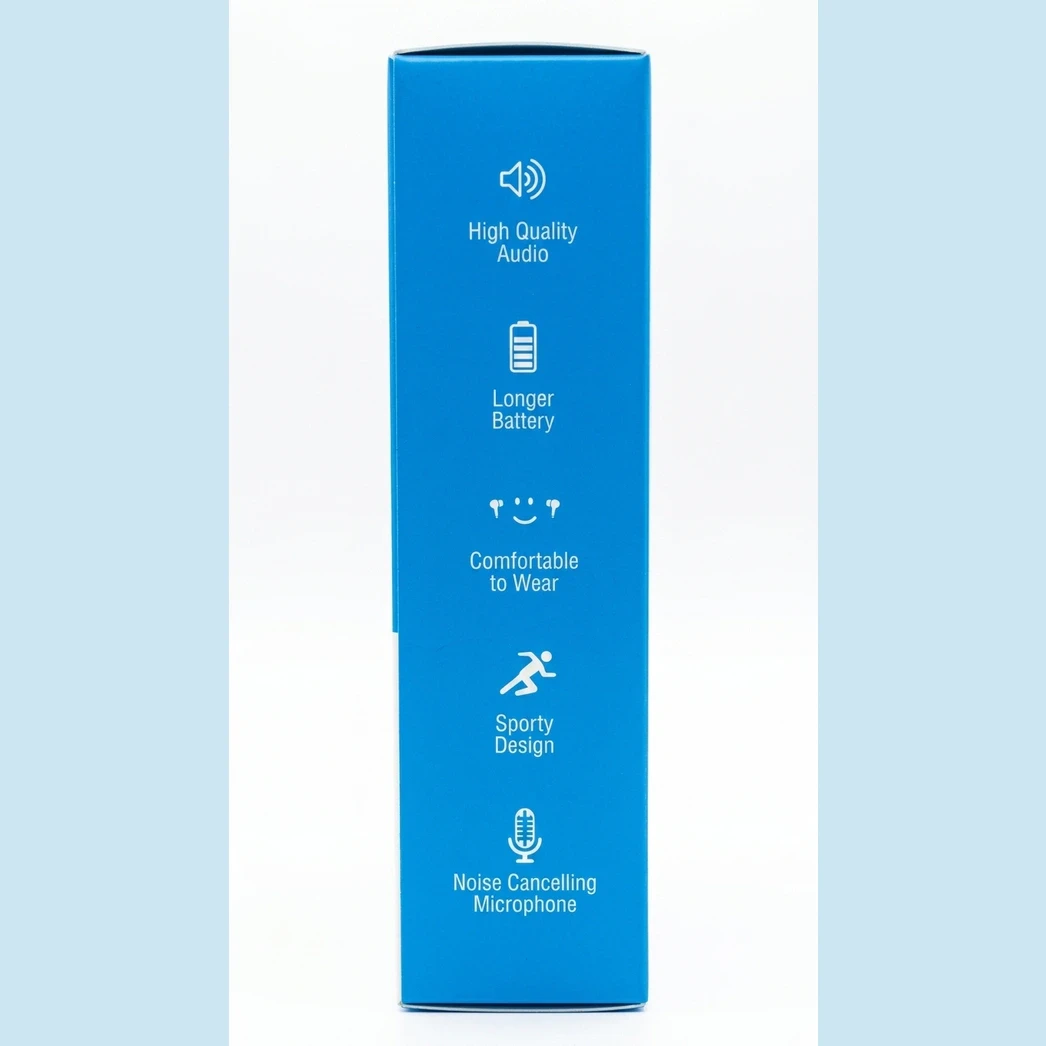 Blue side panel of the box listing audio, battery, comfort, sporty design and mic features