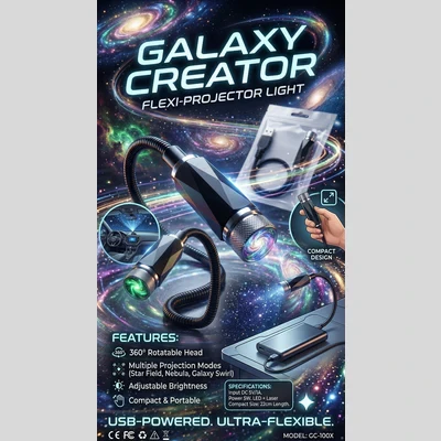 Feature poster shows adjustable projector head, flexible neck and USB plug with compact design callout