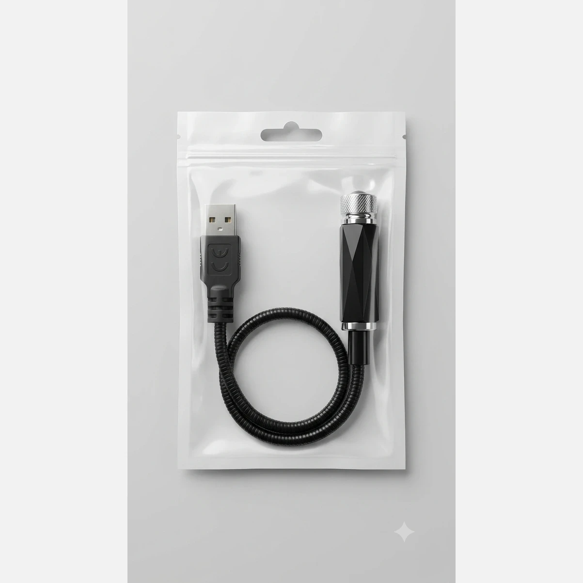 USB flexi projector light sealed in clear hanging pouch with coiled black gooseneck and metal-tipped head