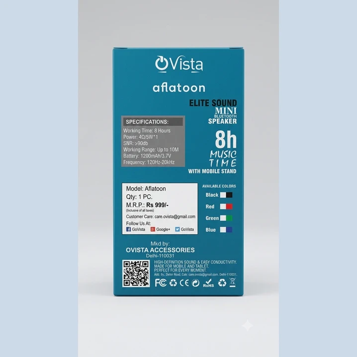 Back of blue OVista Aflatoon box with specifications, battery info, and available color options