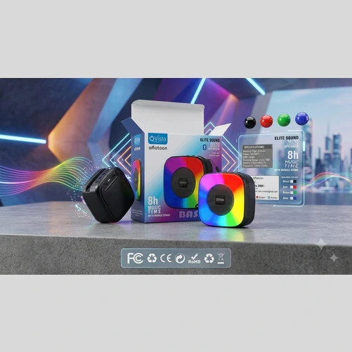 Ovista Aflatoon speaker box opened beside black speaker and RGB-lit speaker, with color options displayed