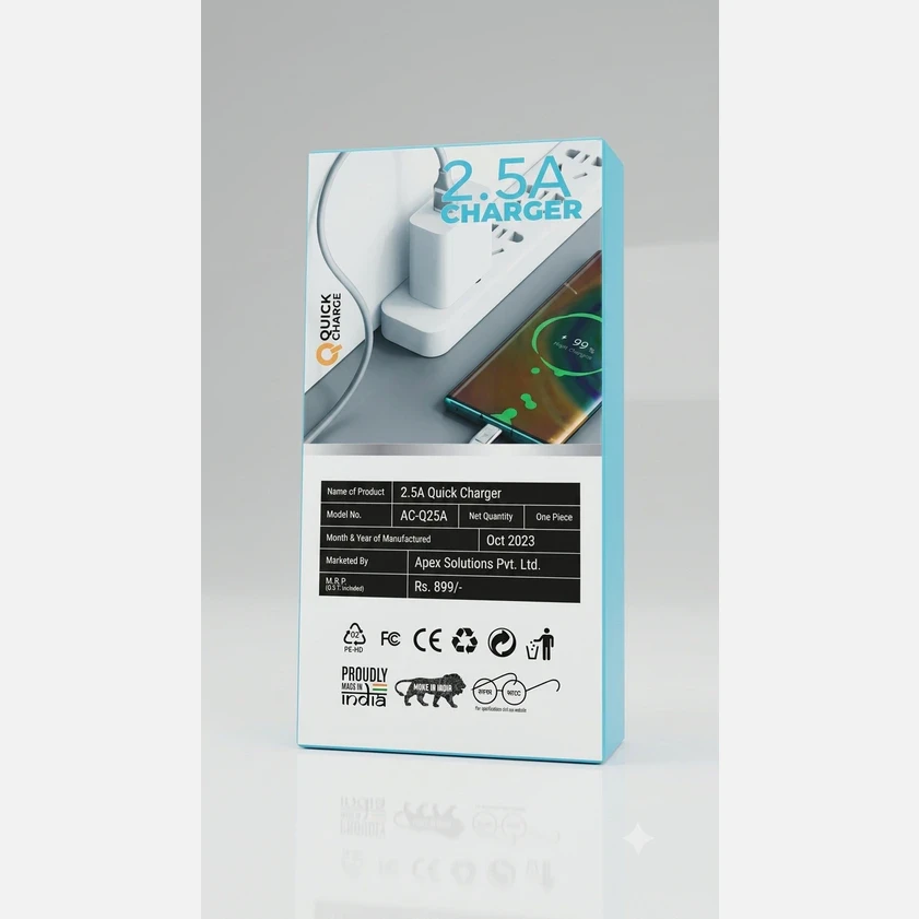 Back of the Mobitek charger box with product specs, MRP and phone charging graphic