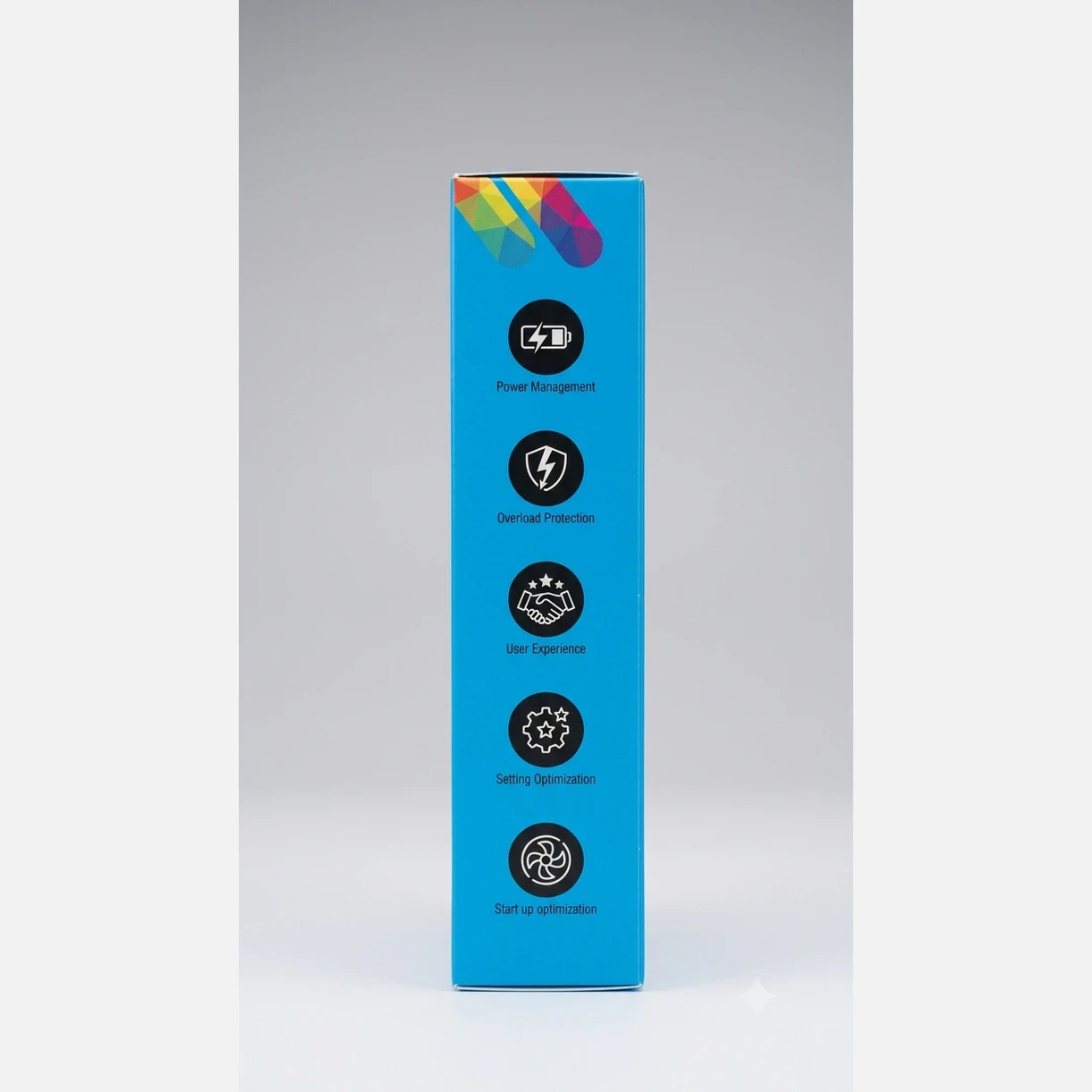 Side panel of the blue box showing power management and overload protection icons