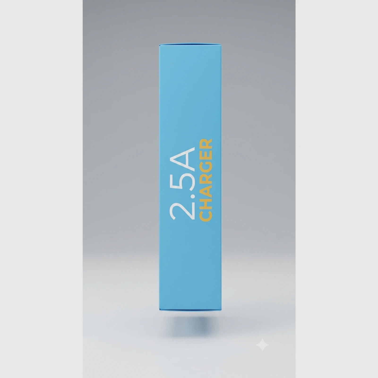 Narrow side of the package with large vertical 2.5A CHARGER text on blue background