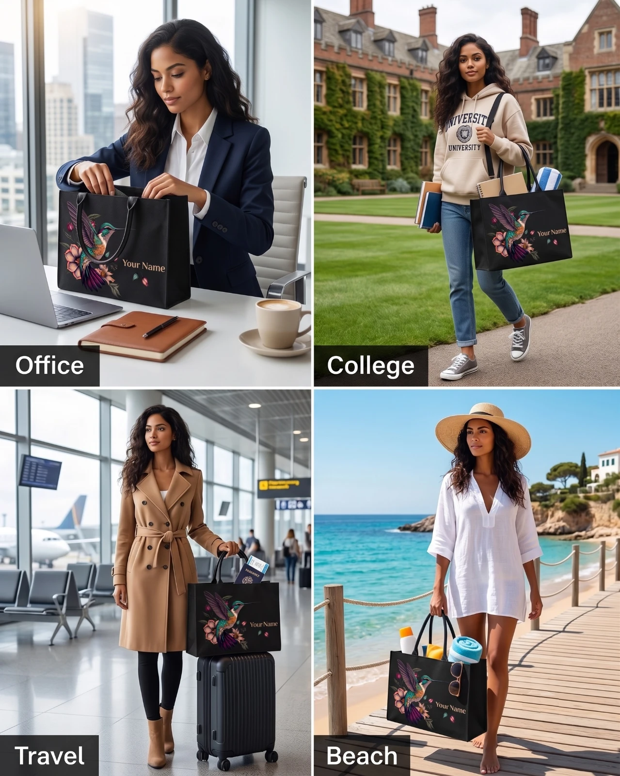Lifestyle collage showing the tote used for office, college, travel and beach settings