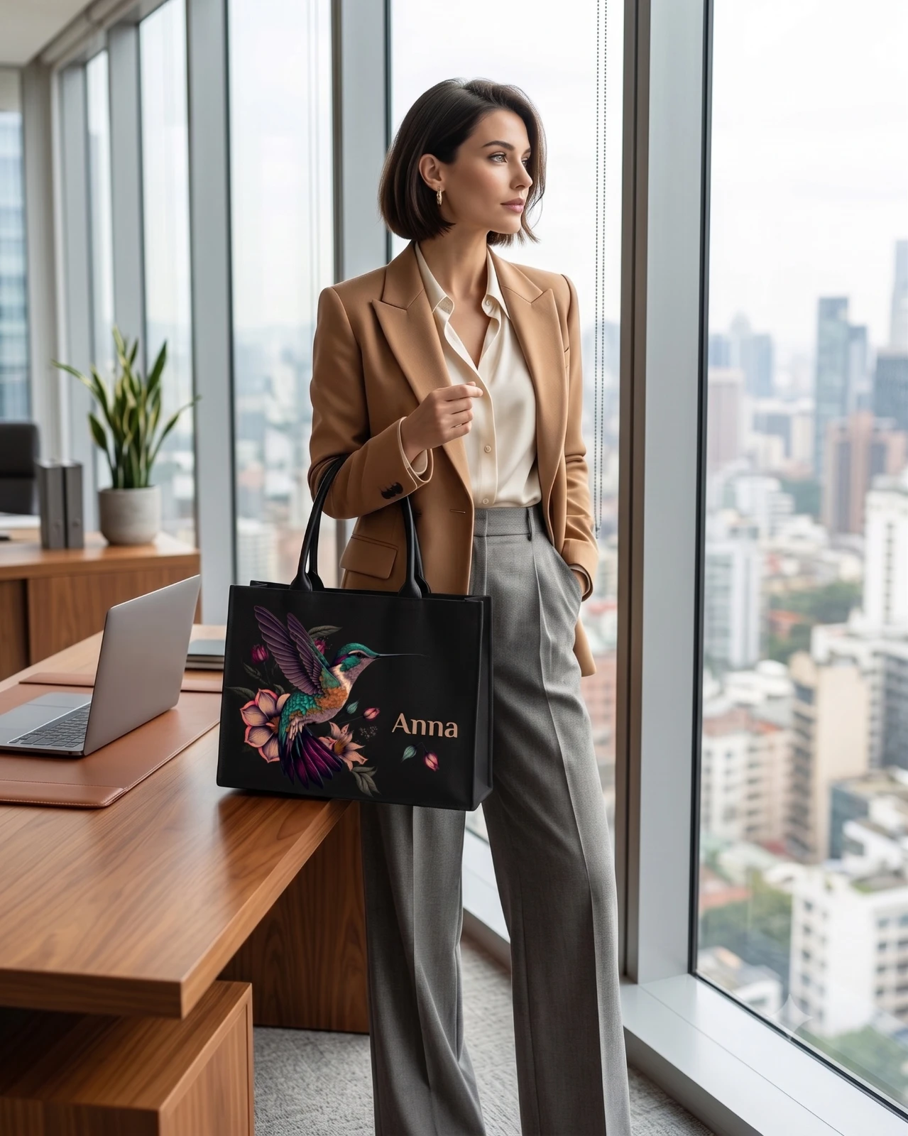 Woman in office carrying the black hummingbird tote with custom name Anna
