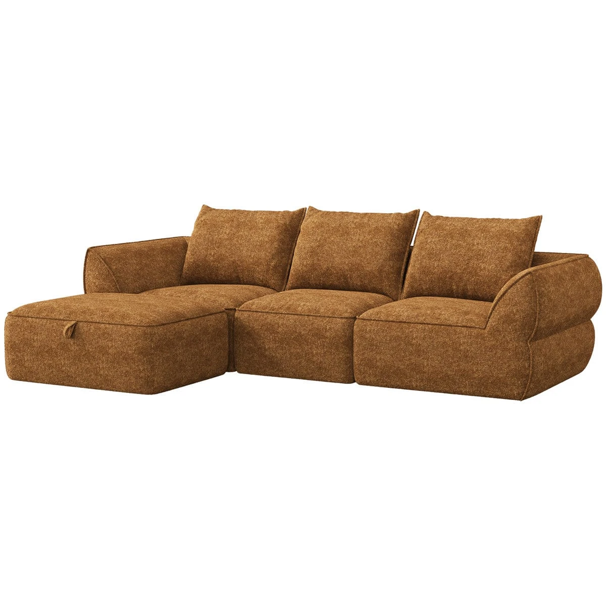 Studio cutout of the modular sofa set highlighting curved arms, three back cushions and ottoman