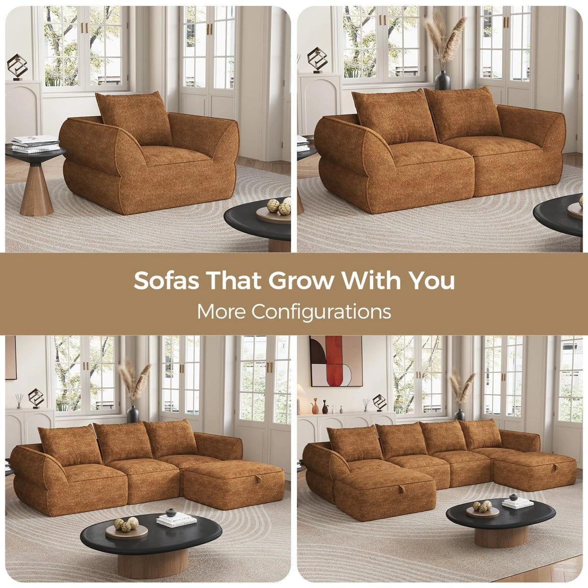 Configuration collage showing single seat, loveseat, chaise sofa and larger sectional layouts