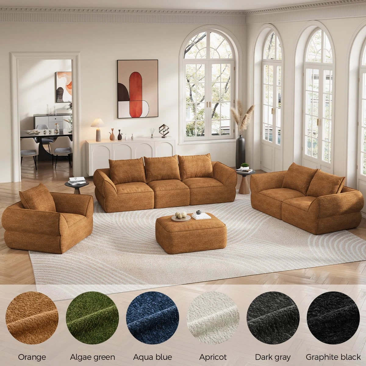 Full room setup with chair, sofa, loveseat and ottoman plus fabric color options along the bottom