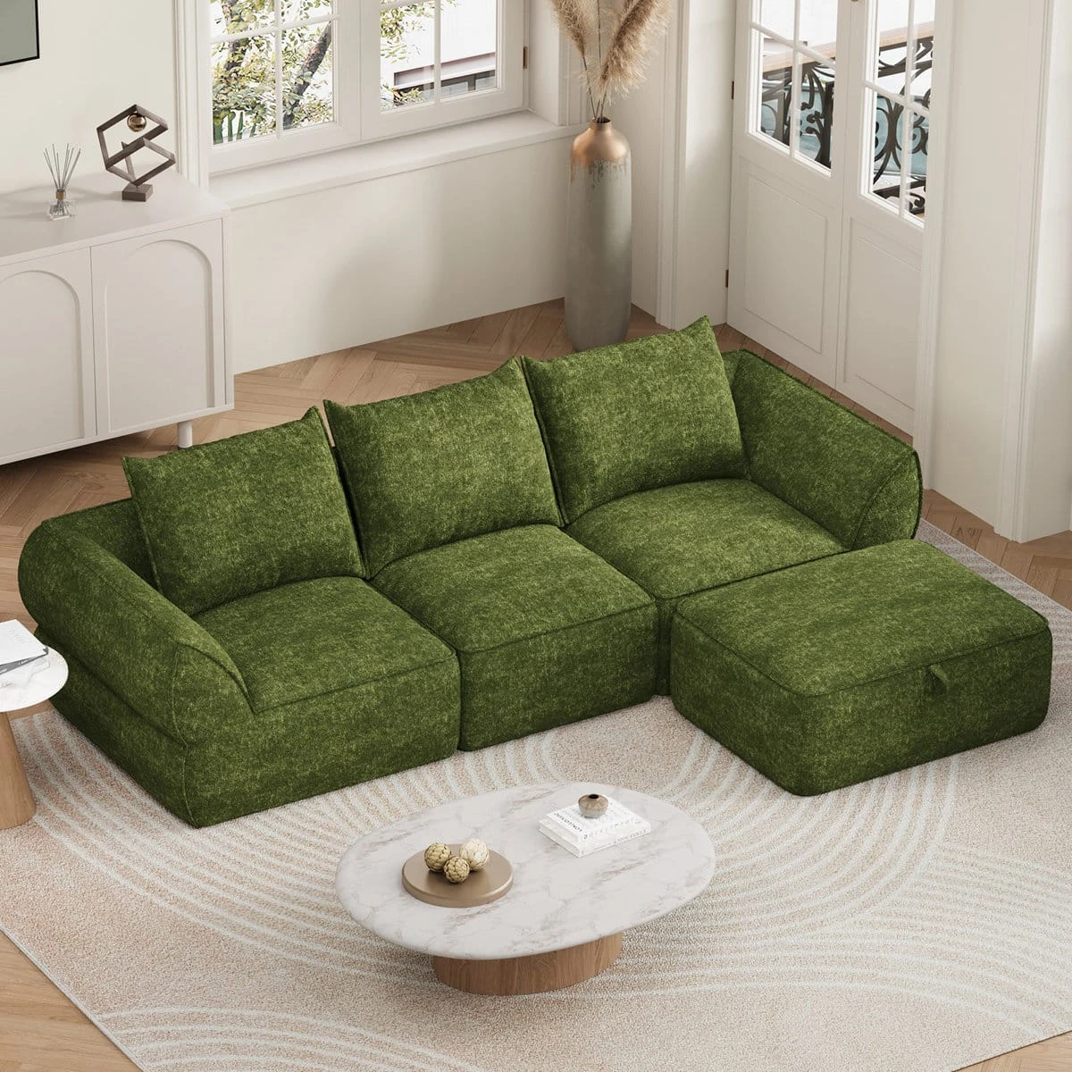 Slight overhead angle highlighting deep seats and three large back cushions