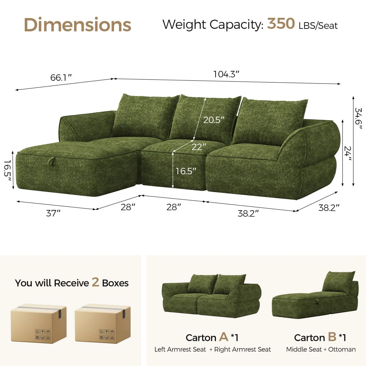 Dimension chart with overall sofa measurements, seat size, and 350 lbs per seat capacity