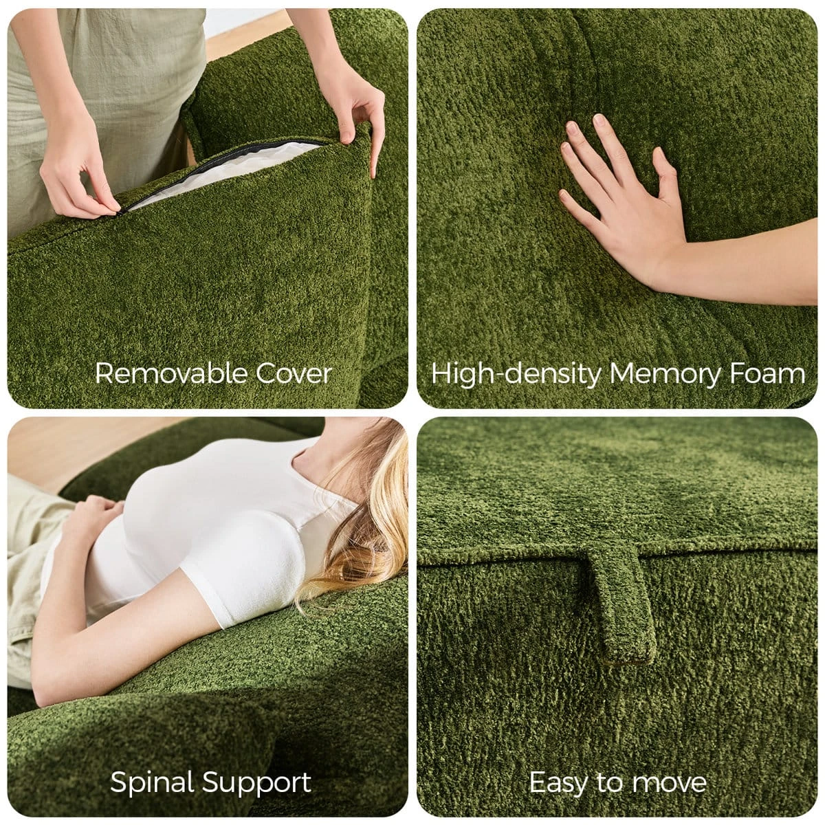Feature collage showing removable cover, memory foam, spinal support, and pull tab detail