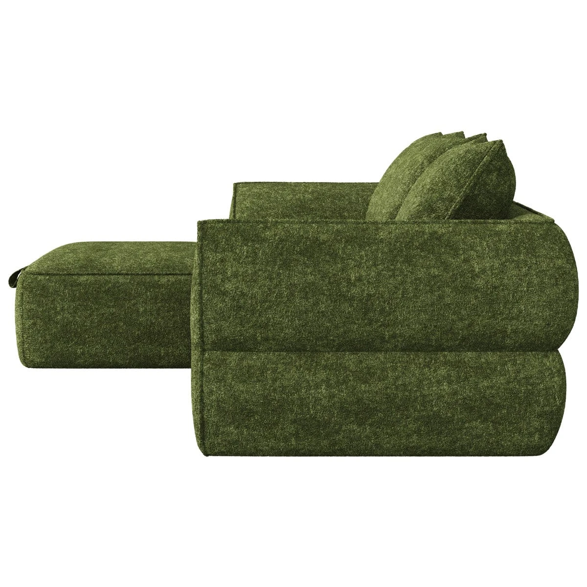 Side profile of the sofa and ottoman showing rounded arm and low deep frame