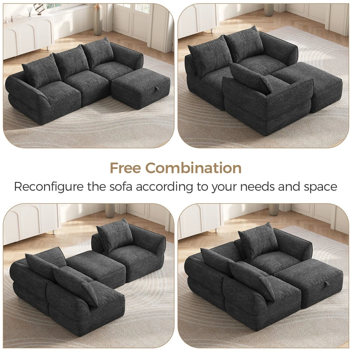 Collage showing multiple modular sofa arrangements with text about free combination
