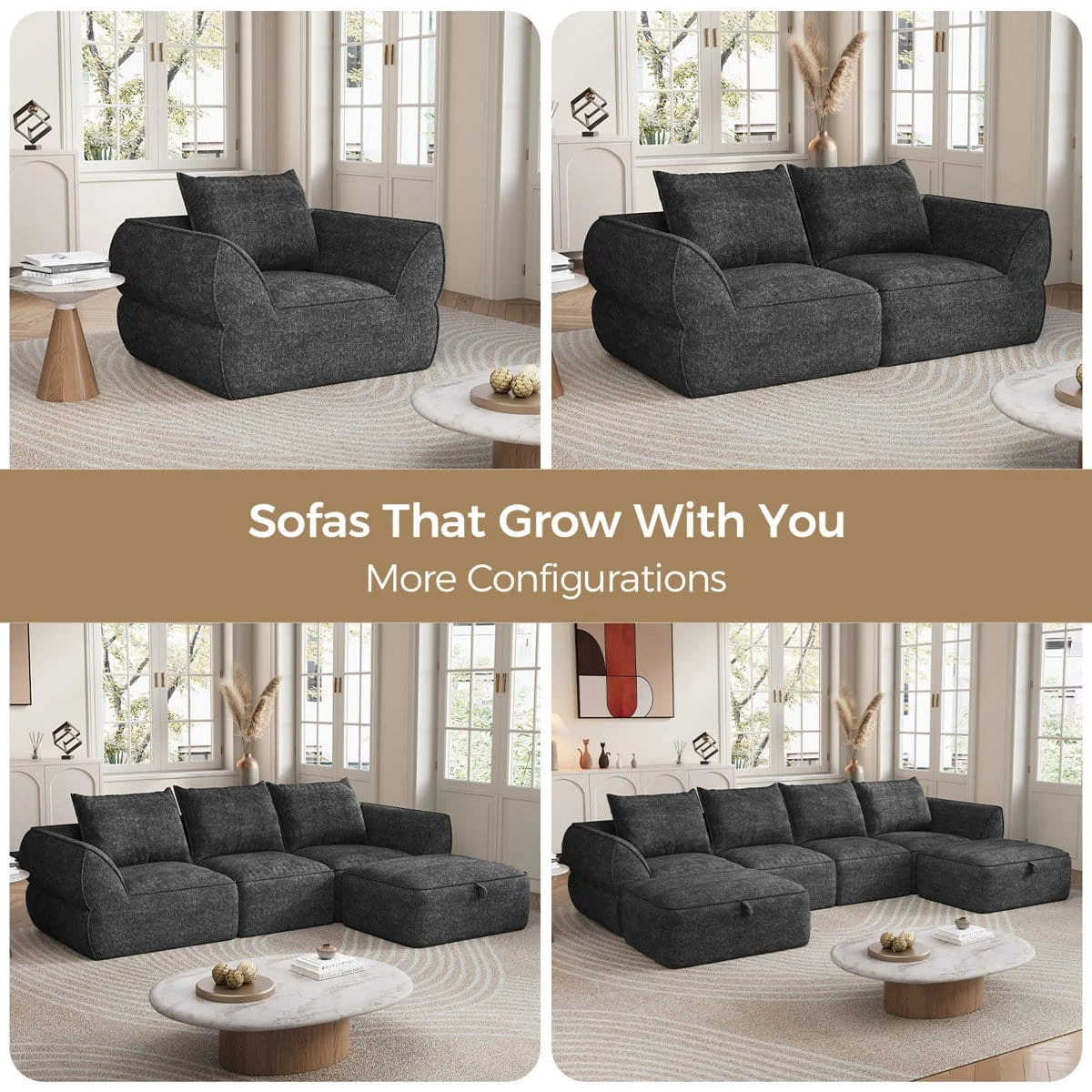 Configuration chart displaying single seat, loveseat, chaise setup and extended sectional options