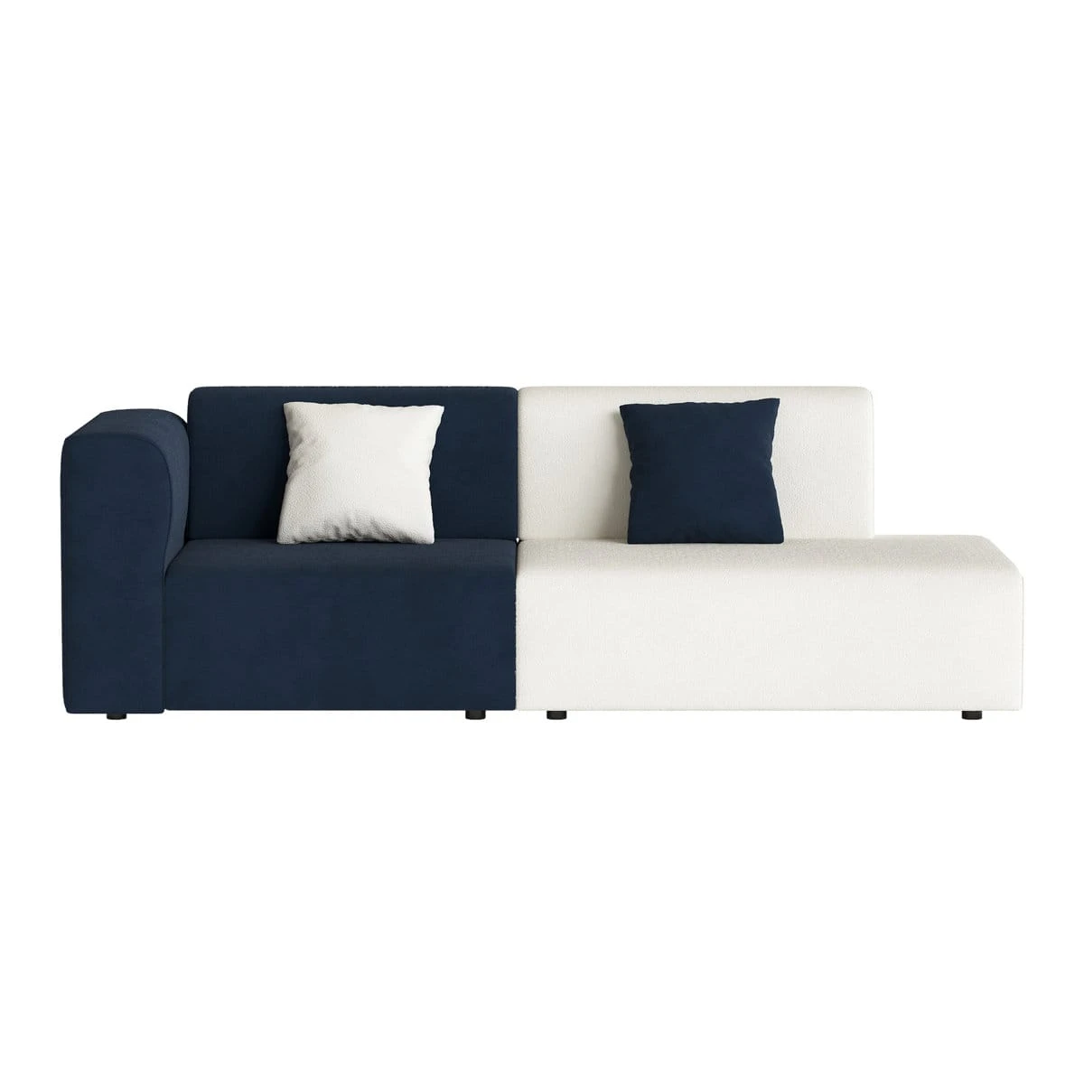 Isolated studio-style front view of the sofa highlighting its asymmetrical design