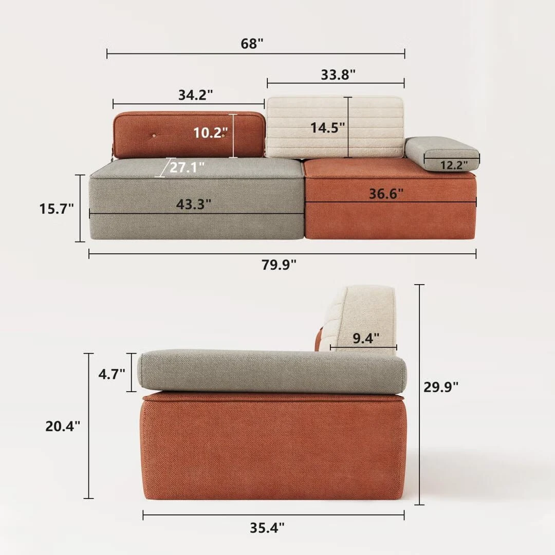 Dimension diagram showing sofa width, seat depth, backrest and side-view measurements in inches